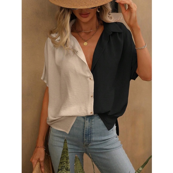 Loose Fitting Color Block 2 Tone Button Up Down Shirt Batwing Sleeve - Picture 2 of 7